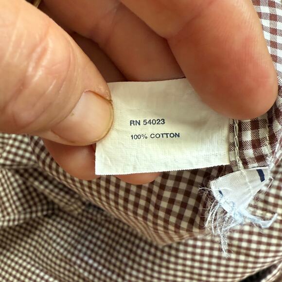 GAP 14 Brown/White Mini Gingham Super Smooth 3/4 Sleeve Button Front Blouse - Picture 8 of 9